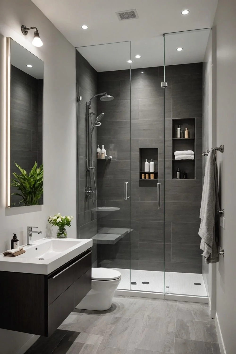 Dark modern bathroom with glass shower