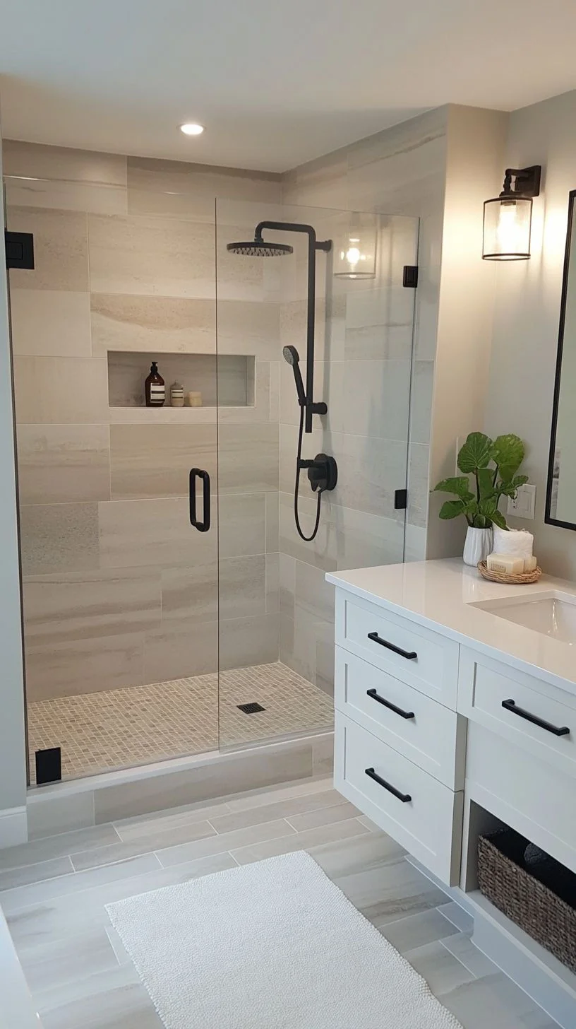 Walk-in glass shower with tile niche