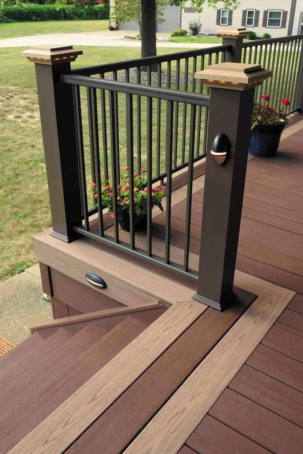 Composite deck steps with railing