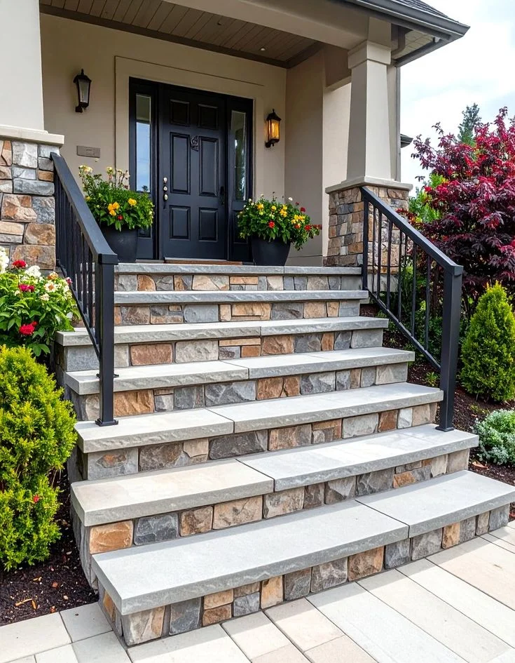Stone veneer masonry steps